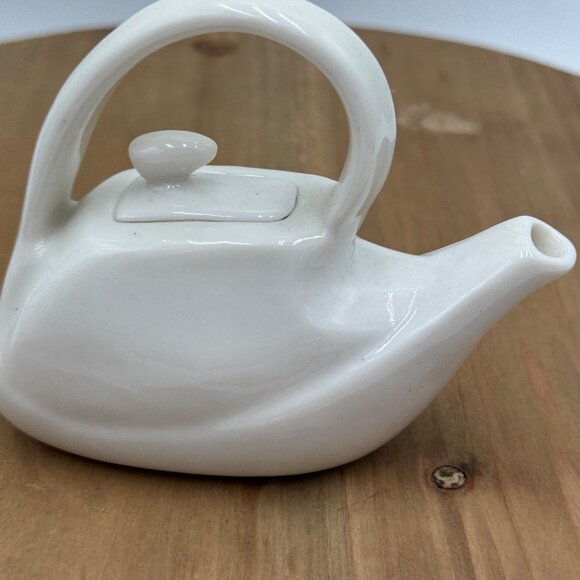 Miniature White Ceramic Teapot With Removable Lid Unique Handle Design Collectib - Picture 3 of 9